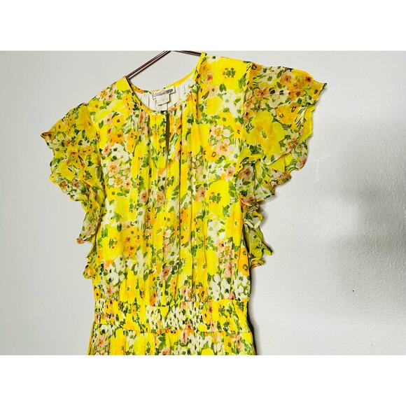 SHOSHANNA Yellow Floral Chiffon Short Flutter Sleeve Ruffle Hemline Dress size 0 - Picture 4 of 13